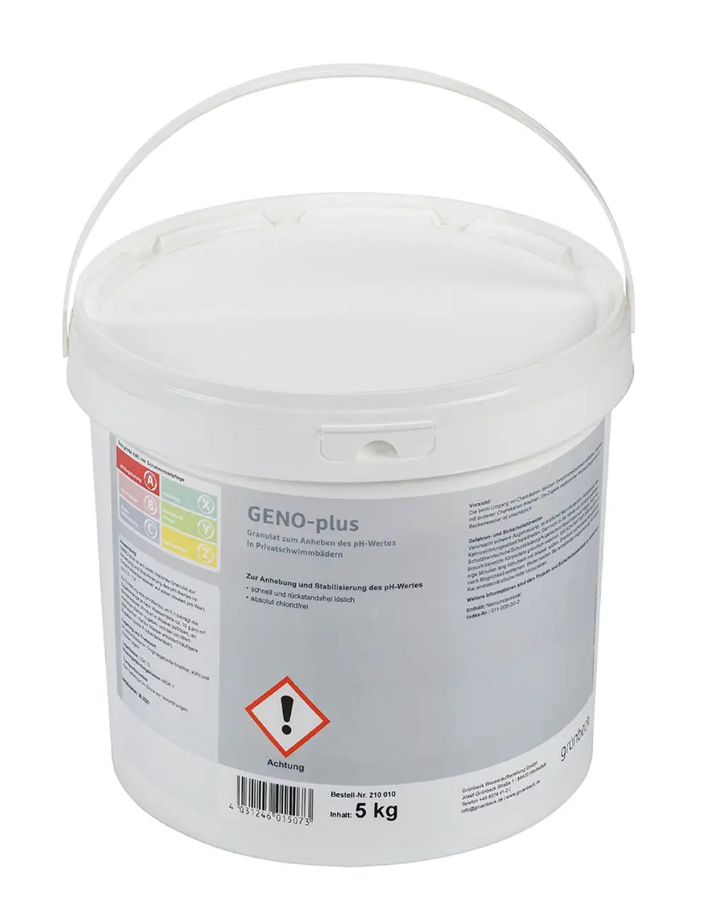Weißer Eimer mit grünem Aufdruck, enthält Granulat zur pH-Wert-Anhebung in Schwimmbecken. Hersteller: Grünbeck, Inhalt: 5 kg, mit Warnhinweisen auf der Verpackung.